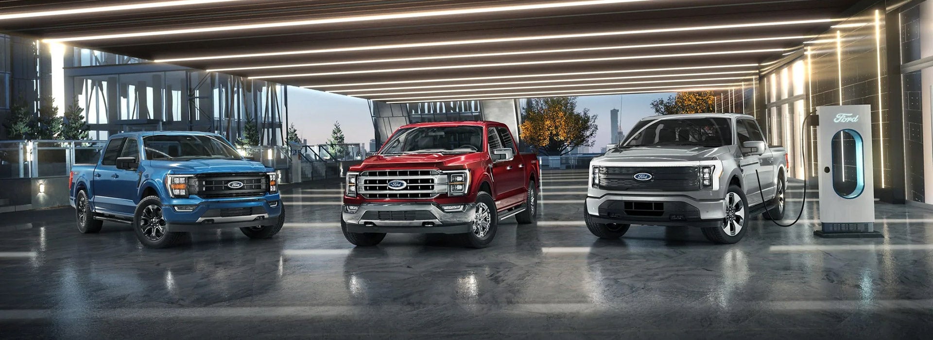 Lineup of Ford F-150 trucks